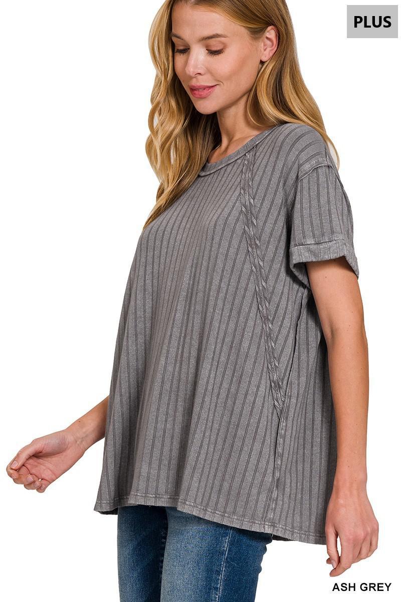 ZENANA RTW-8493 Acid Washed Ribbed Short Sleeve Boat-Neck Top