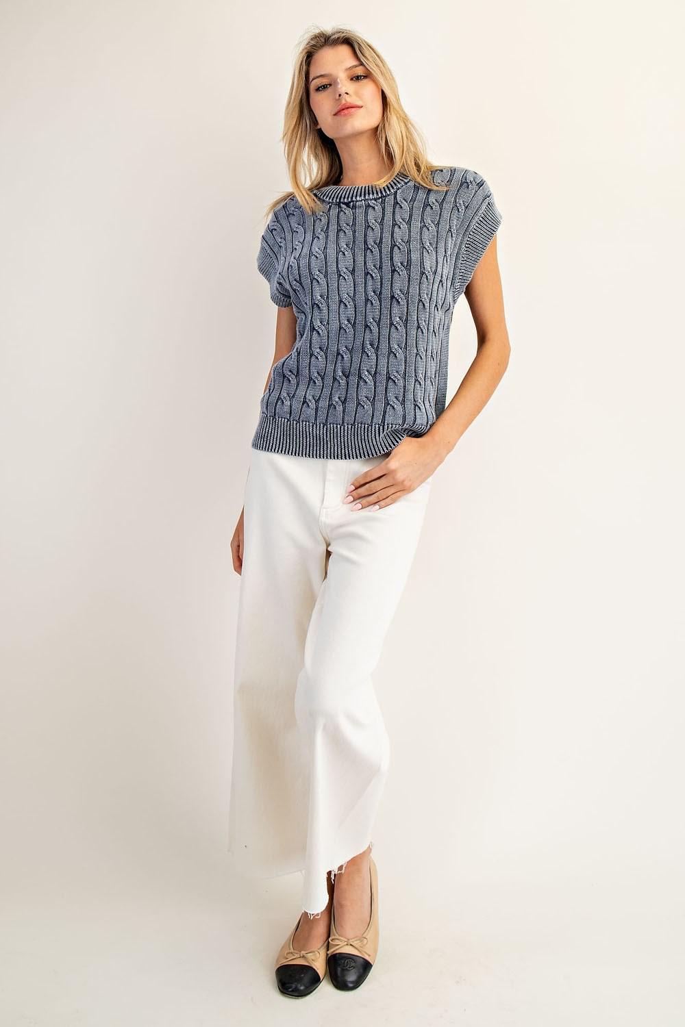 EE:SOME Mineral Washed Cable Knit Round Neck Sweater ✨