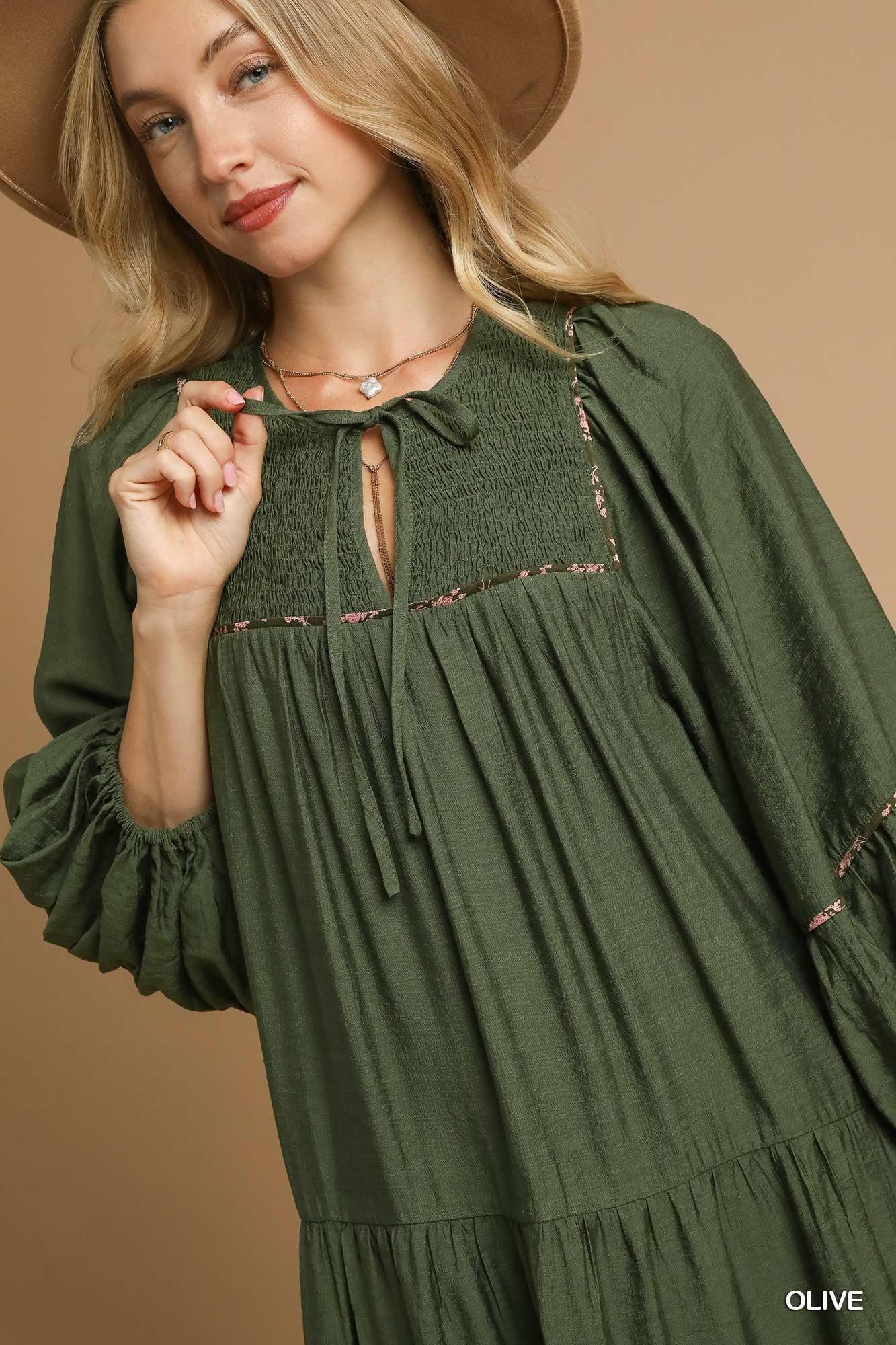 Umgee Tiered Long Sleeve Mini Dress - Olive
