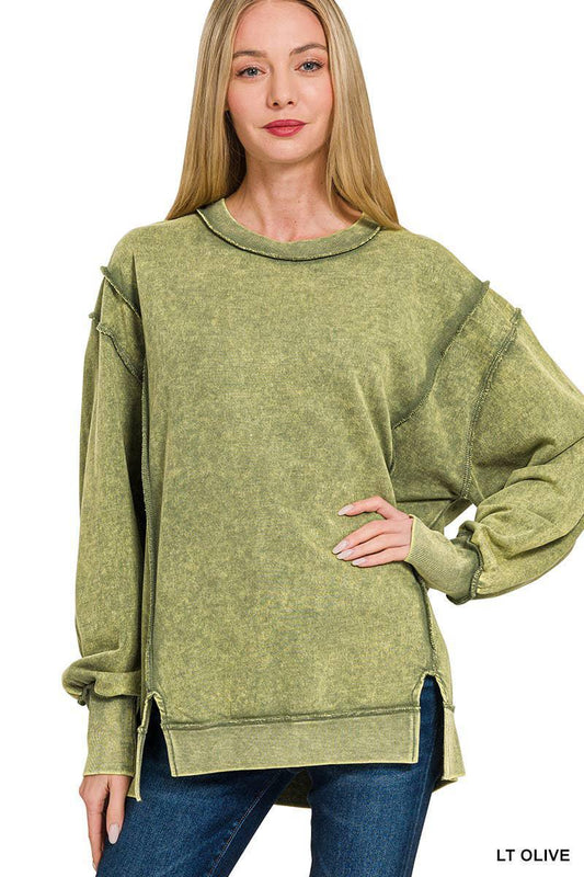 Zenana Acid Wash French Terry Exposed Seam Sweatshirt