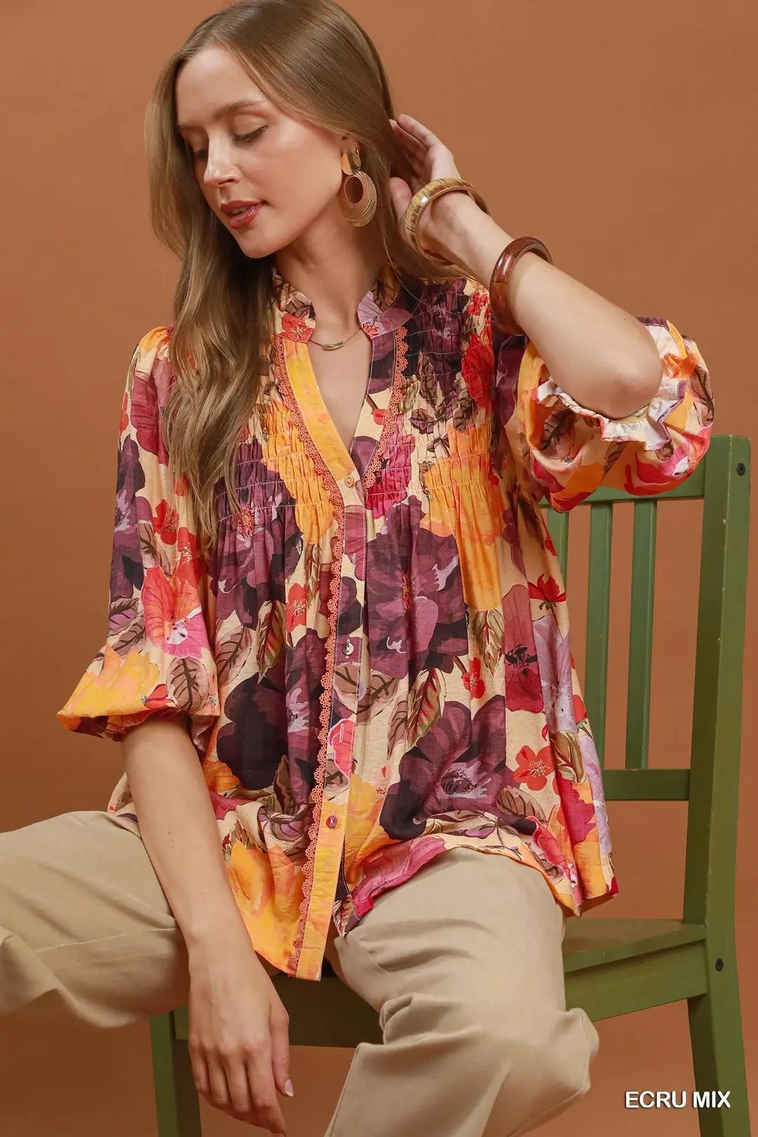 Umgee  Mix Floral Print Button Front Blouse C