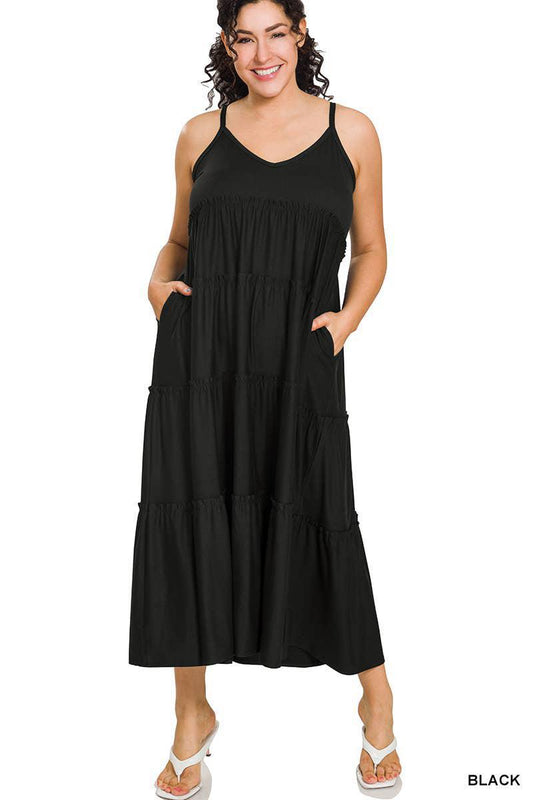 ZENANA Plus Maxi Tiered Dress With Side Pockets