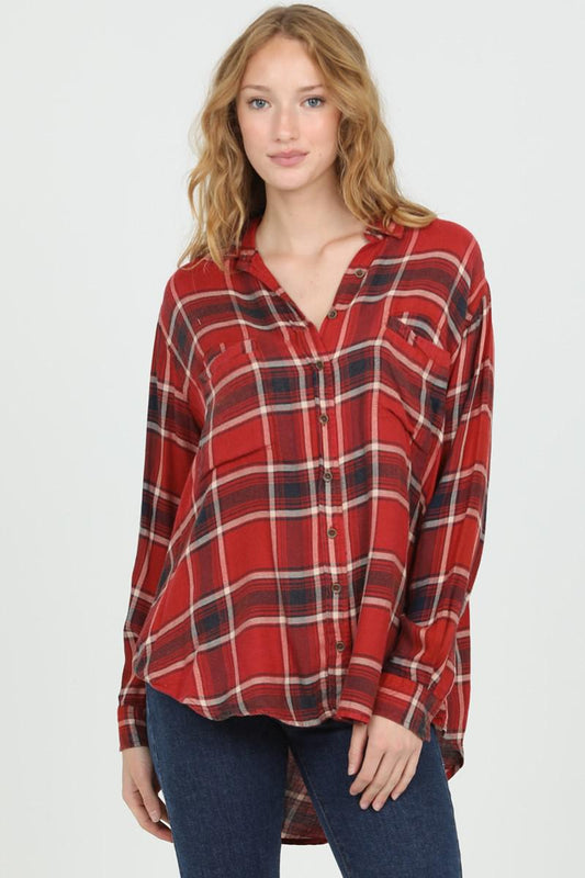 Plaid Button Front Top w/ Shirttail Hem
