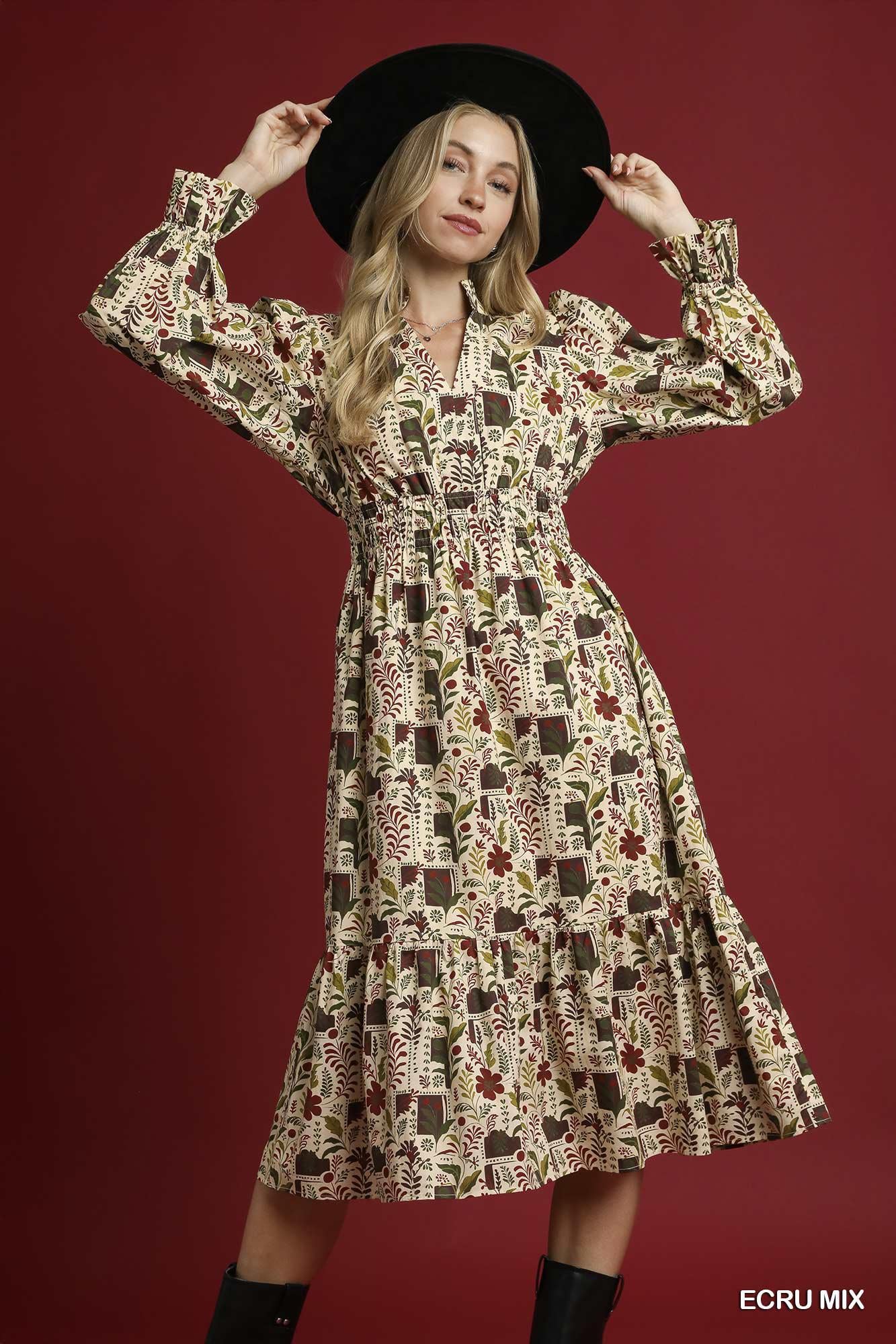UMGEE Ecru Mix Floral Midi Dress with Smocked Waist