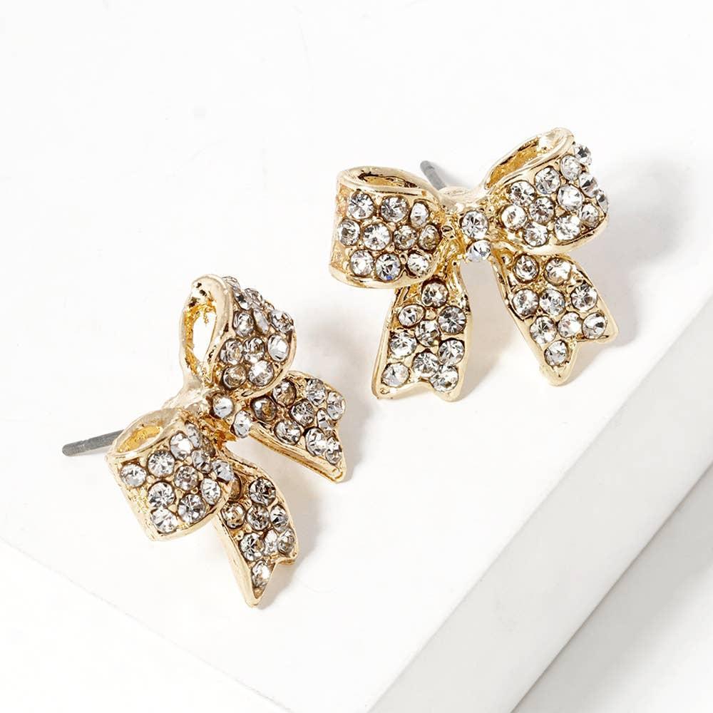 Crystal Rhinestone Pave Bow Stud Earrings