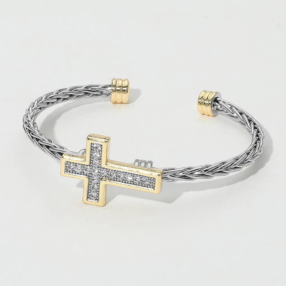 Two Tone CZ Stone Paved Cross Accent Braided Cuff Bracelet