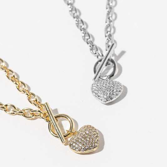 Gold Dipped Chunky Chain CZ Stone Paved Puff Heart Toggle Pendant Necklace