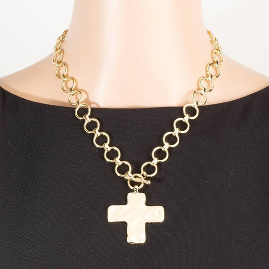 Hammered Flat Cross Pendant Toggle Chain Necklace