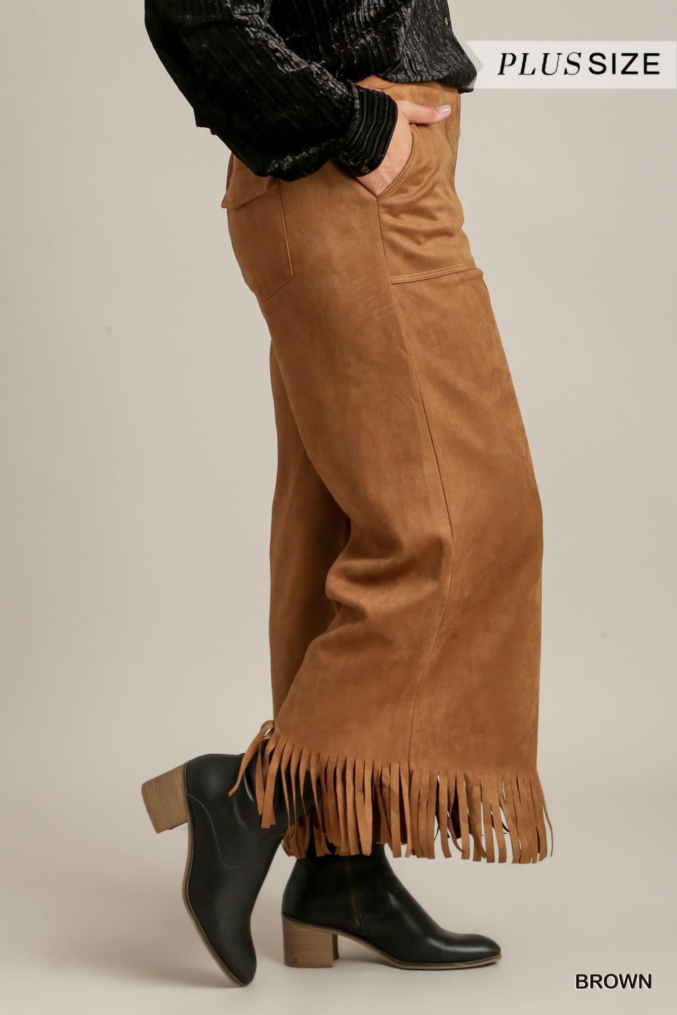 Solid Suede Long Pants with Frey Hem