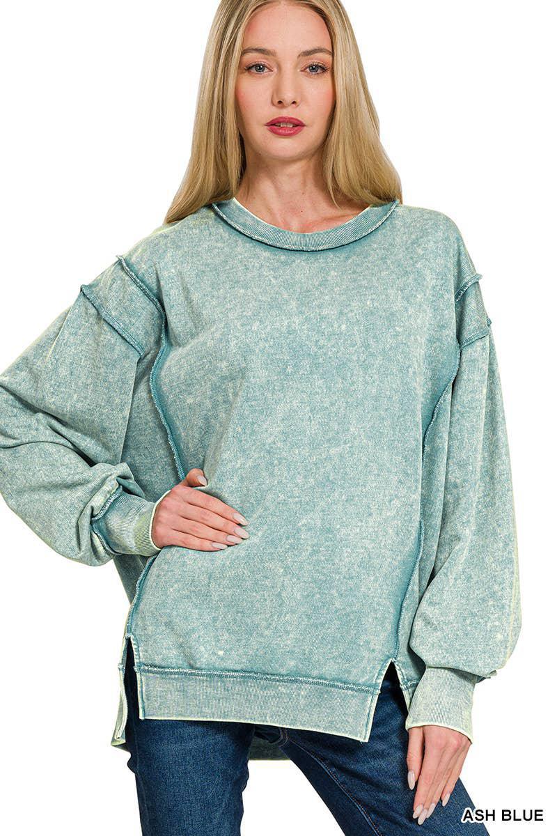 Zenana Acid Wash French Terry Exposed Seam Sweatshirt