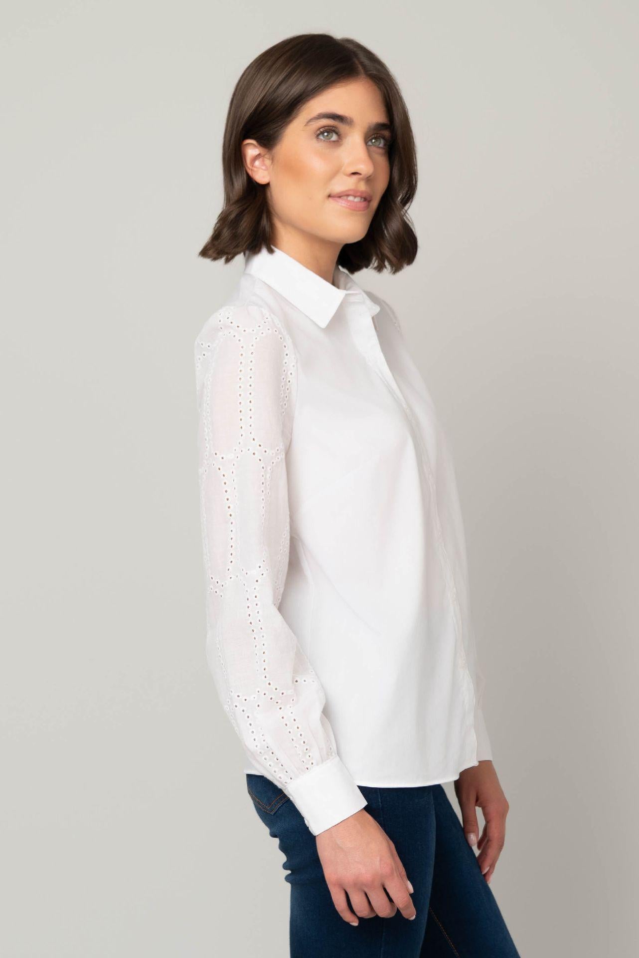 Eyelet Sleeve Button Front Poplin Top