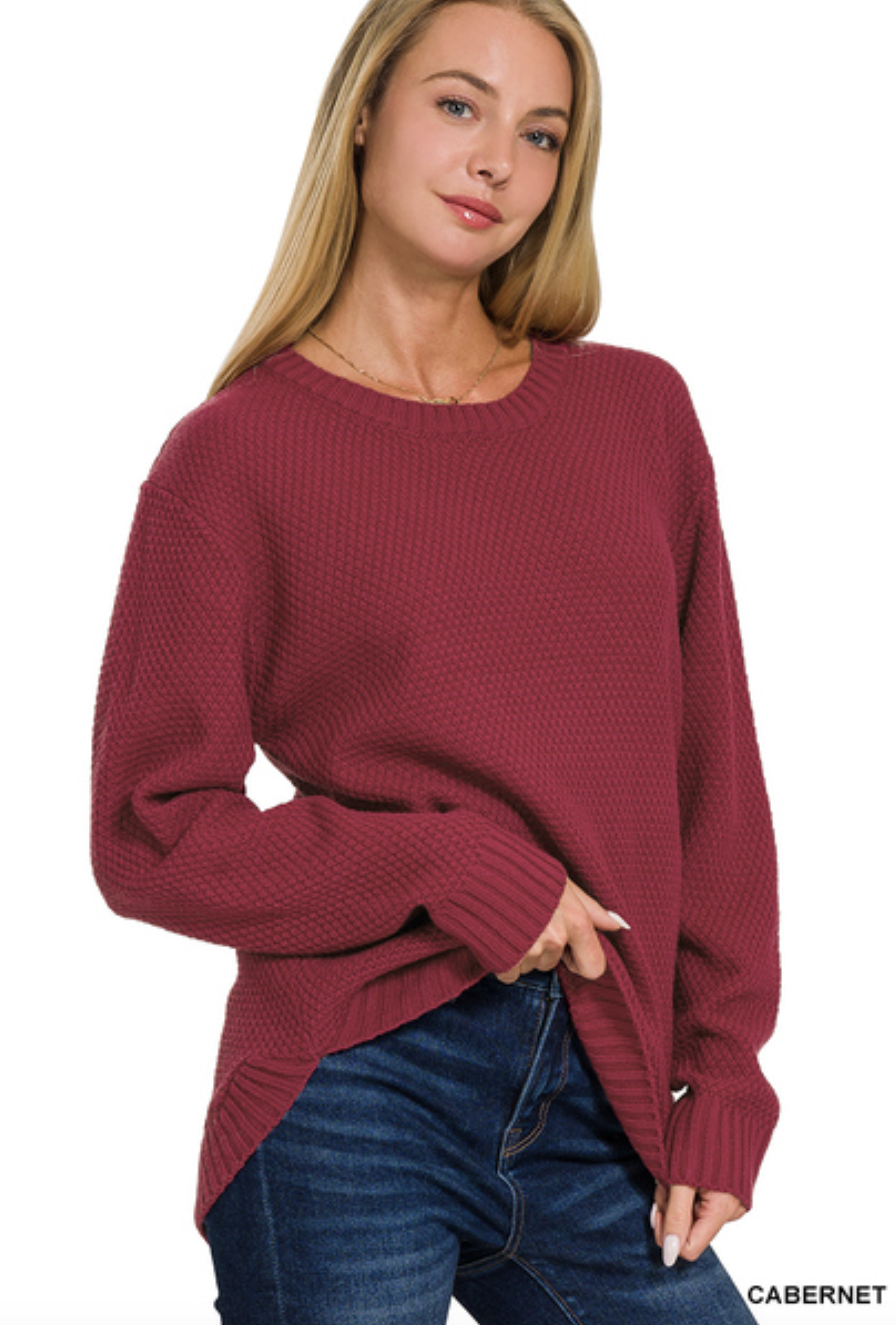 Zenana Round Neck Basic Sweater - Cabernet