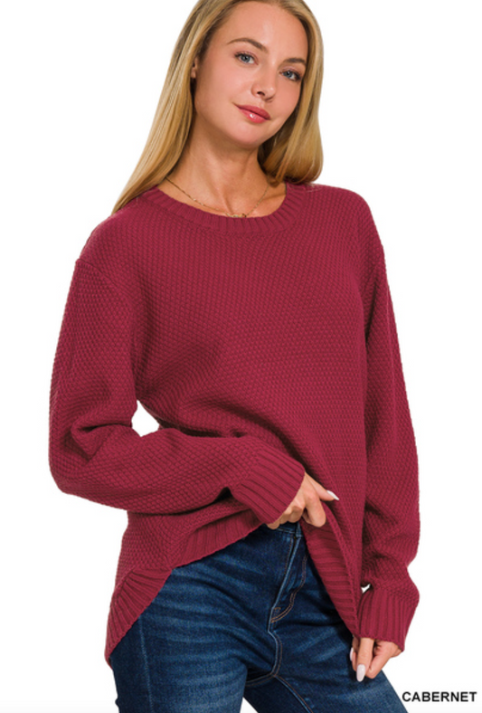 Zenana Round Neck Basic Sweater - Cabernet