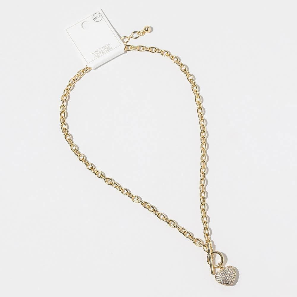 Gold Dipped Chunky Chain CZ Stone Paved Puff Heart Toggle Pendant Necklace