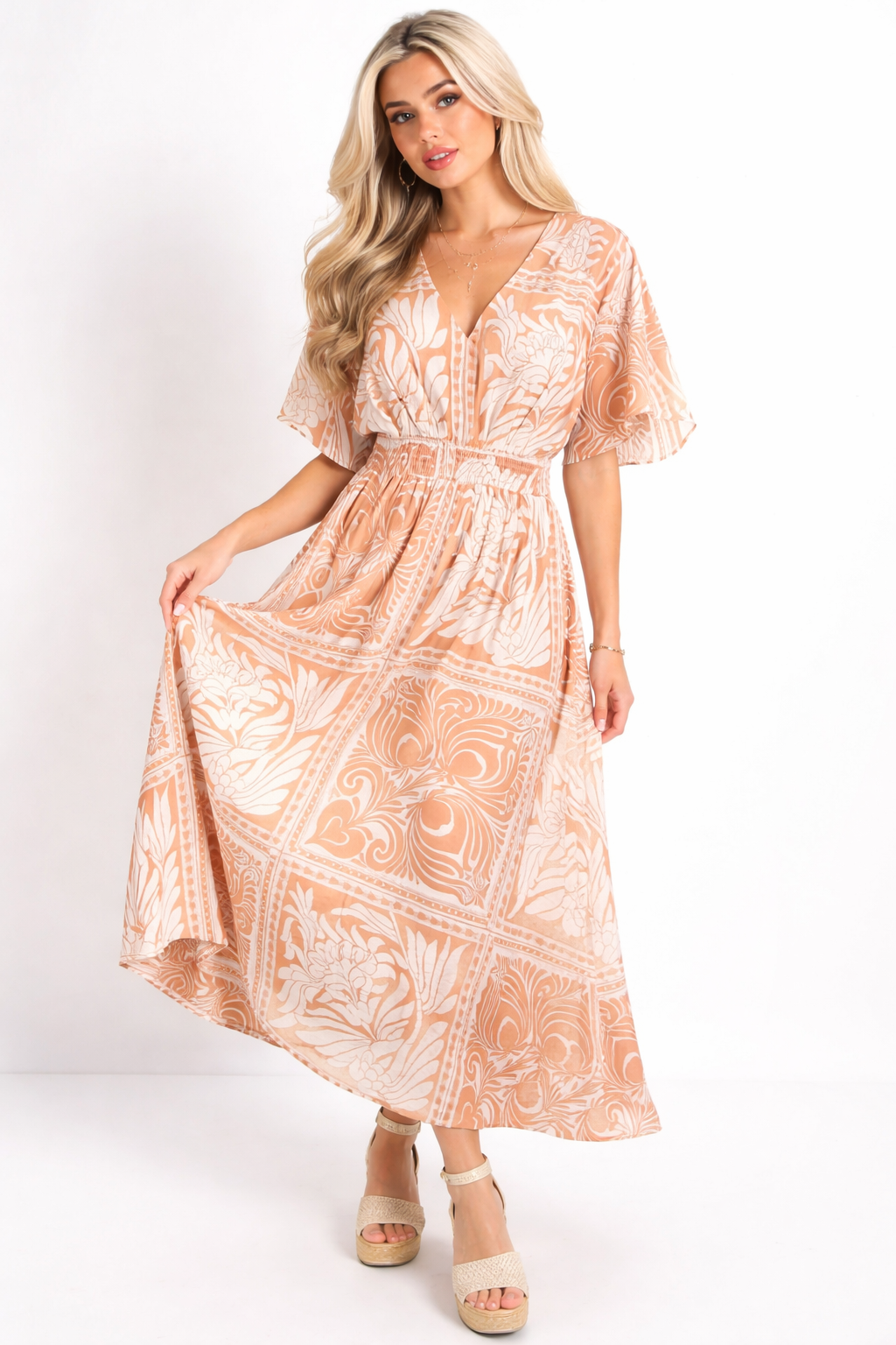 Patchwork Botanical Print V-Neck Elbow Sleeve Midi Dress