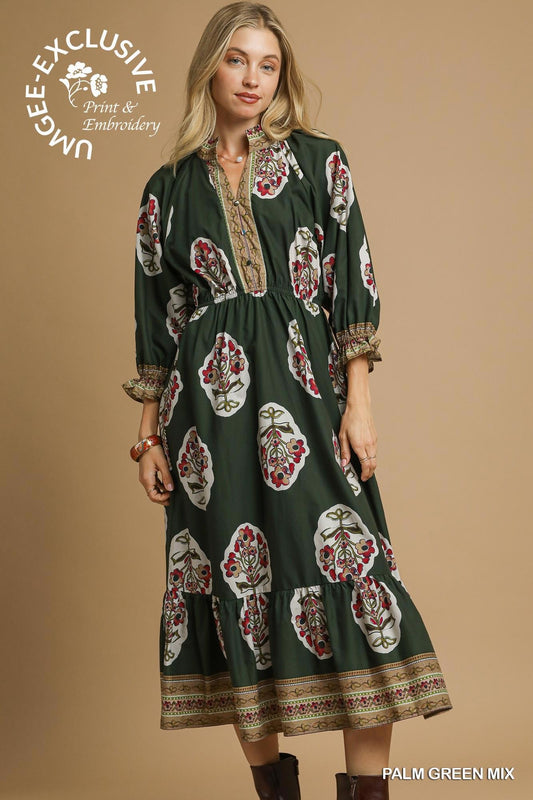 UMGEE Flower Patch Boarder Print V-Neck Midi Dress