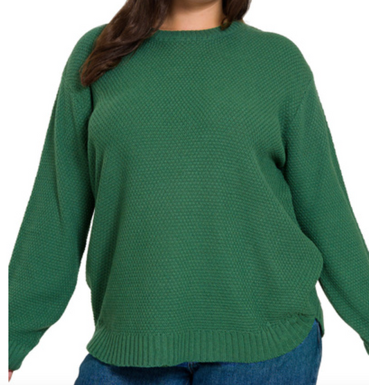 Zenana 2241X5 Plus Plus Round Neck Basic Sweater Dk. Green