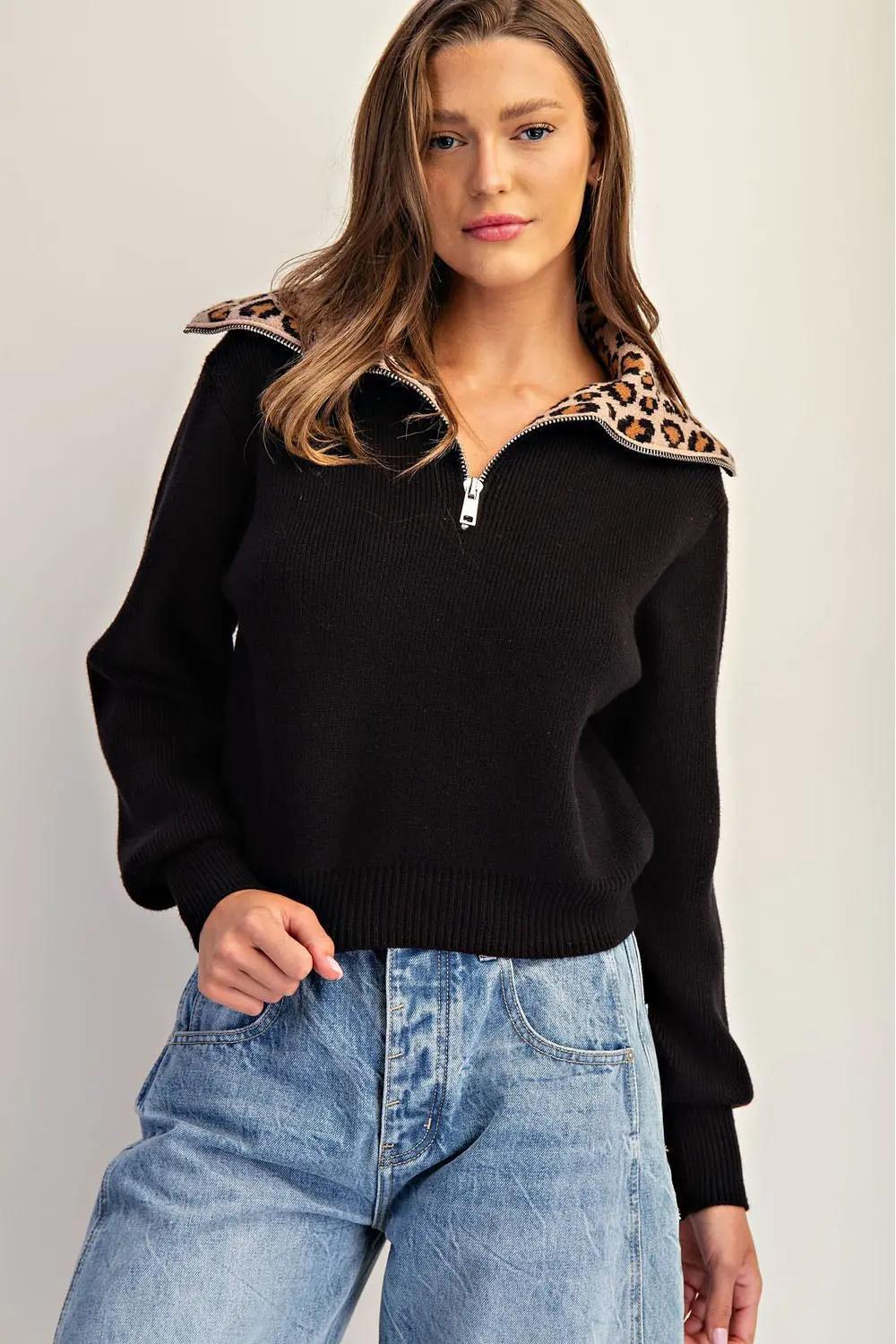EE:SOME Leopard Collar Half Zipper Pullover Sweater