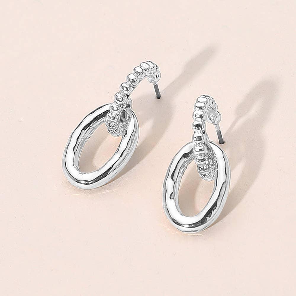 Textured Metal Beaded Hoop Oval Link Drop Earrings