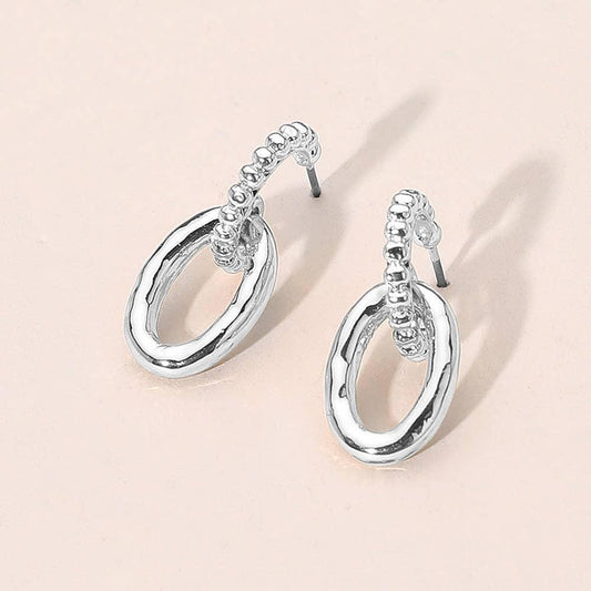 Textured Metal Beaded Hoop Oval Link Drop Earrings