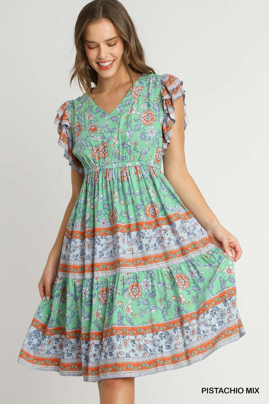 UMGEE C3708 Border Print V-Neck Pleated Midi Dress with Ruffle Sleeve & Elastic Band Detail