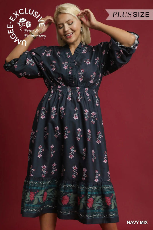 UMGEE  PLUS Size Dress Navy Mix Flora Maxi Dress