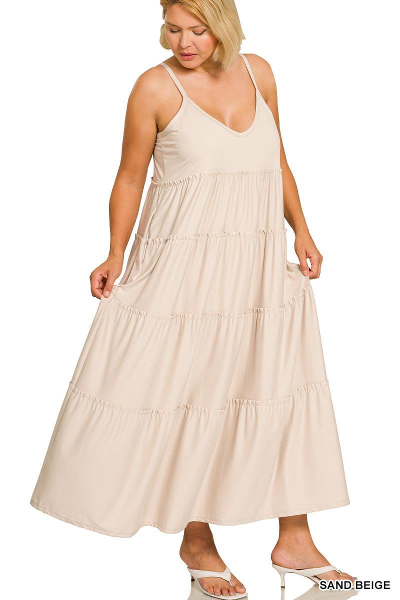 ZENANA  V-neck Cami Maxi Tiered Dress w/ Side Pockets