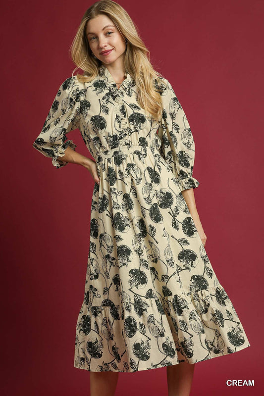 UMGEE Floral Print Button Down Midi Dress