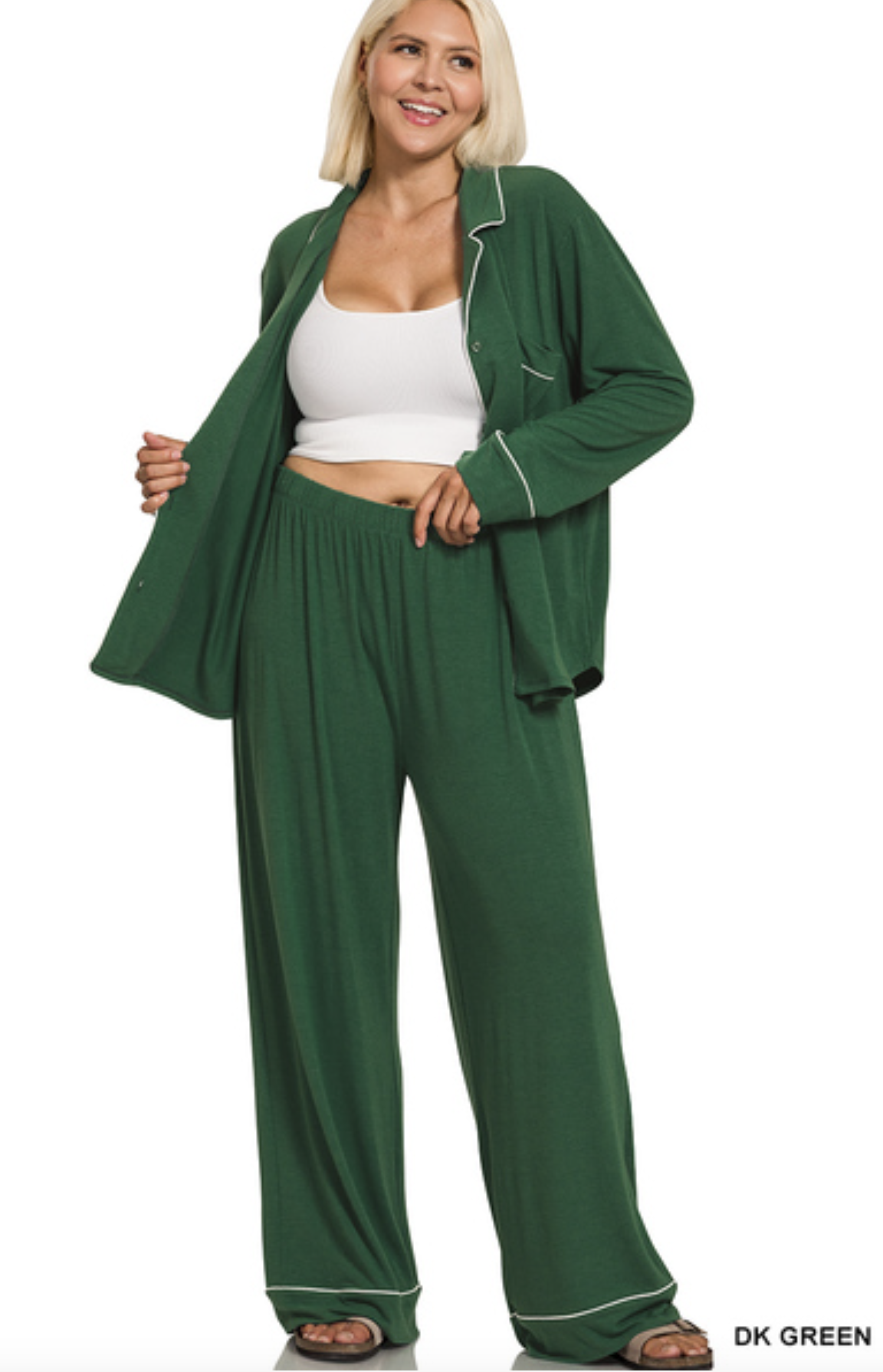 ZENANA PLUS BUTTON-DOWN LONG SLEEVE SHIRT & PANTS PJ SET