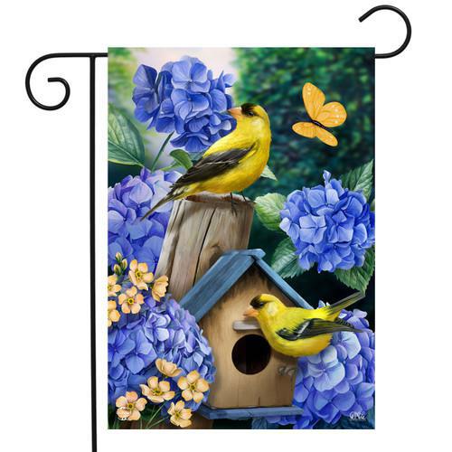 Goldfinches and Hydrangea Spring Garden Flag 18" x 12.5"