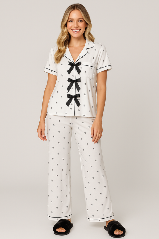 BOW TIE FRONT YUMMY JERSEY S/S TOP + PULL ON PANT PJ SET