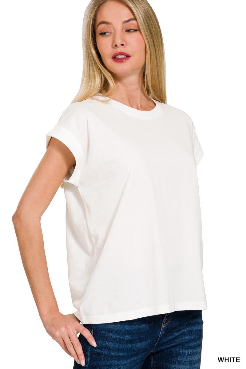 ZENANA CT-3381Y Round Neck Folded Short Sleeve
