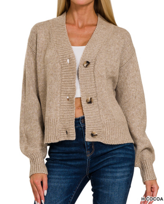 ZENANA MELANGE DROP SHOULDER BUTTON FRONT CARDIGAN