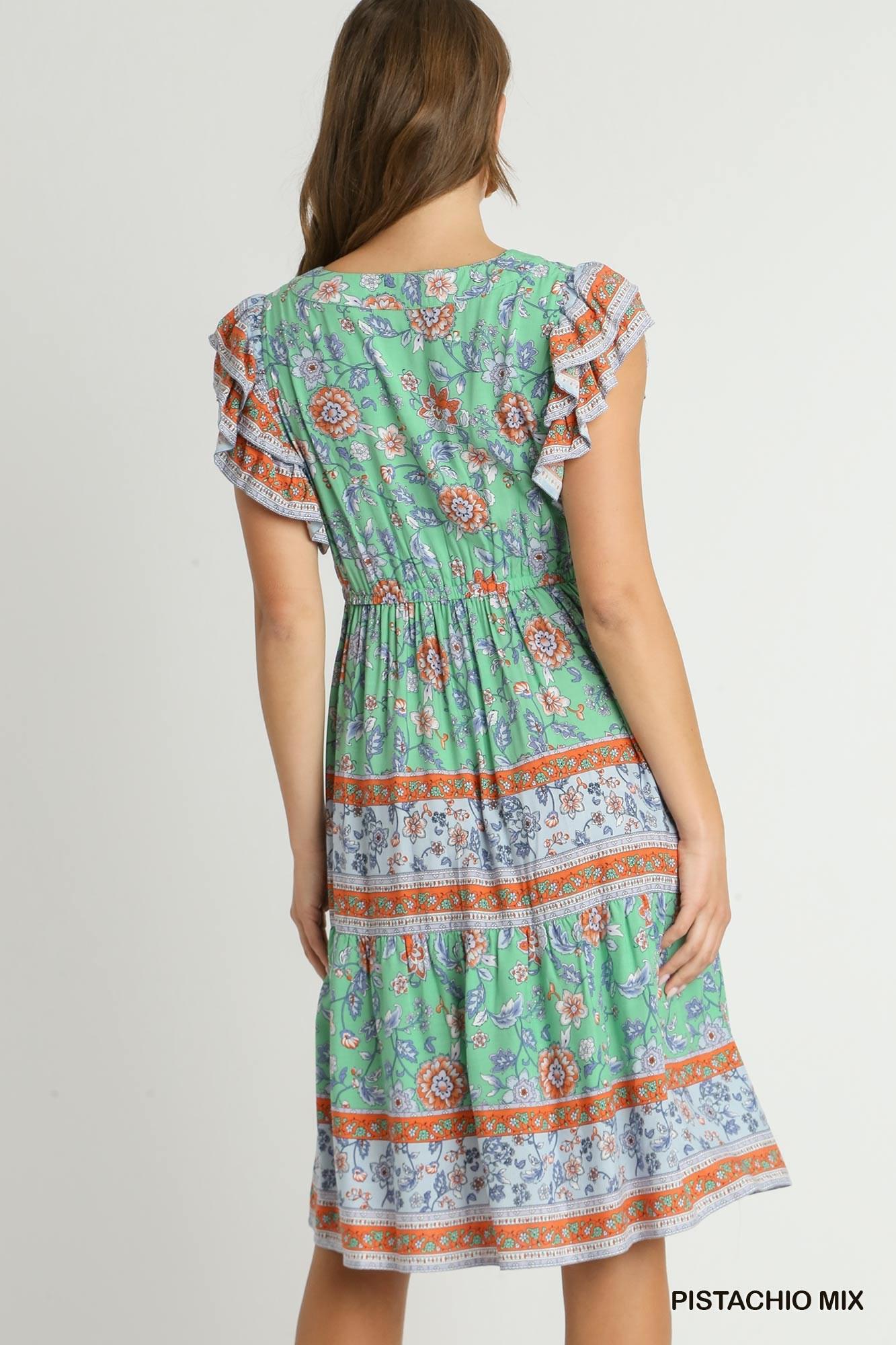 UMGEE C3708 Border Print V-Neck Pleated Midi Dress with Ruffle Sleeve & Elastic Band Detail