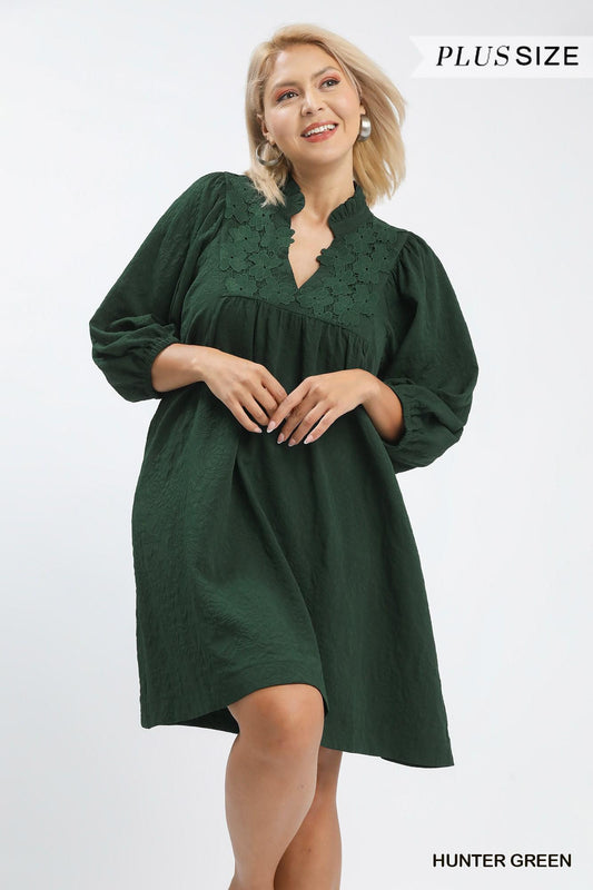 UMGEE Textured Jacquard Floral Lace Detail Mini Dress