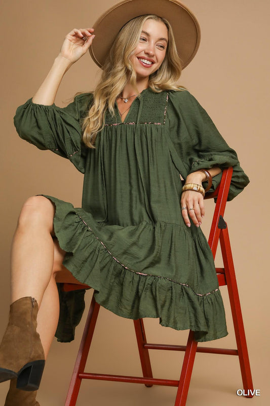 Umgee Tiered Long Sleeve Mini Dress - Olive