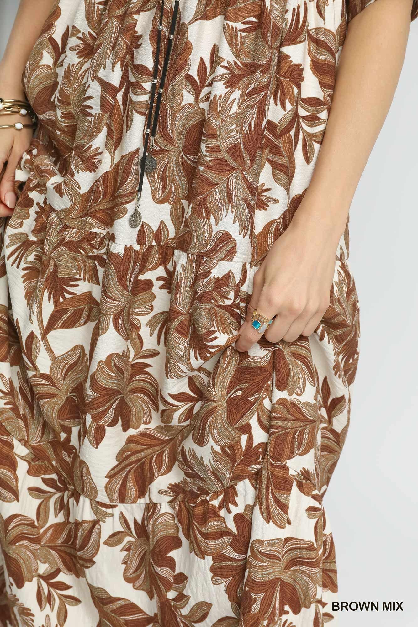UMGEE Boho Print Tiered Midi Dress - Brown Mix
