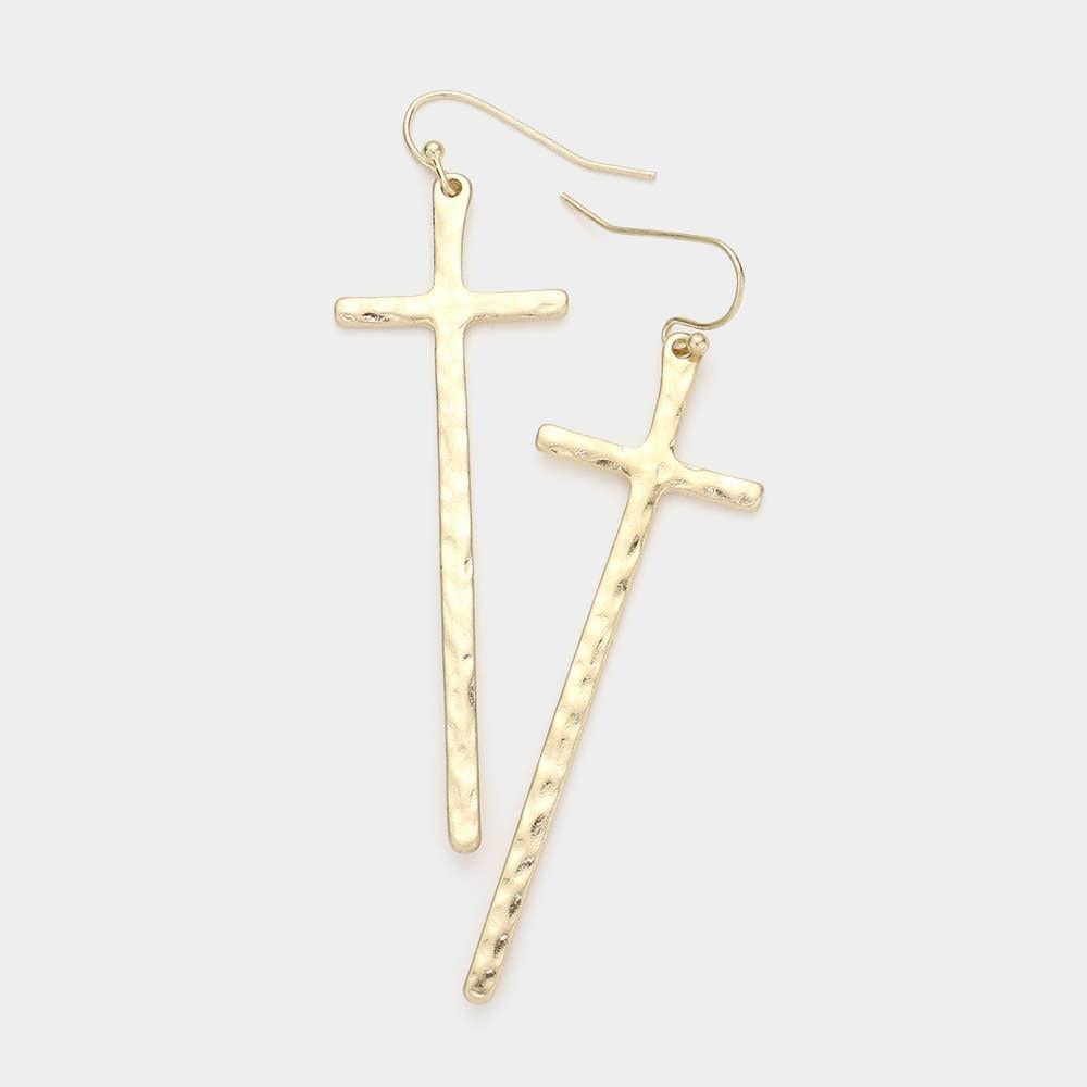Hammered Metal Cross Dangle Earrings