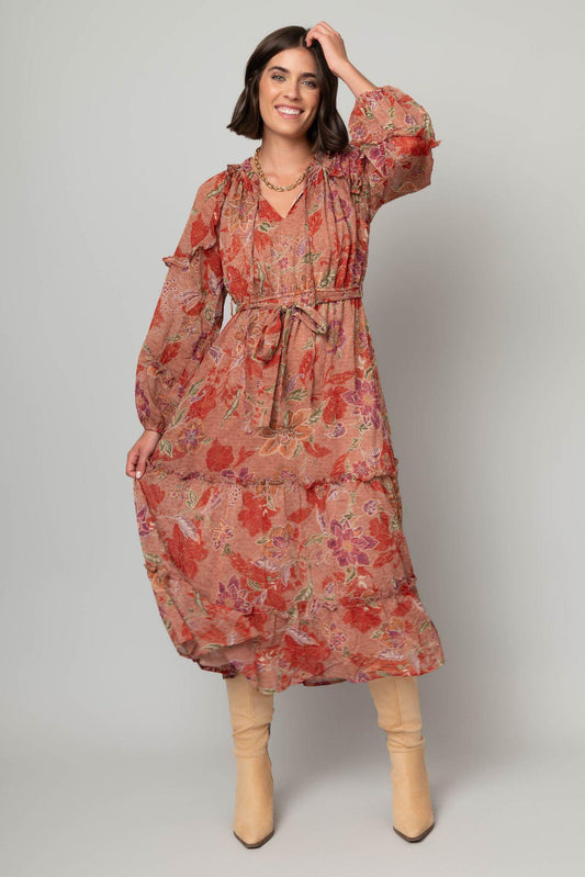 Chiffon Floral Tie Front Midi Dress