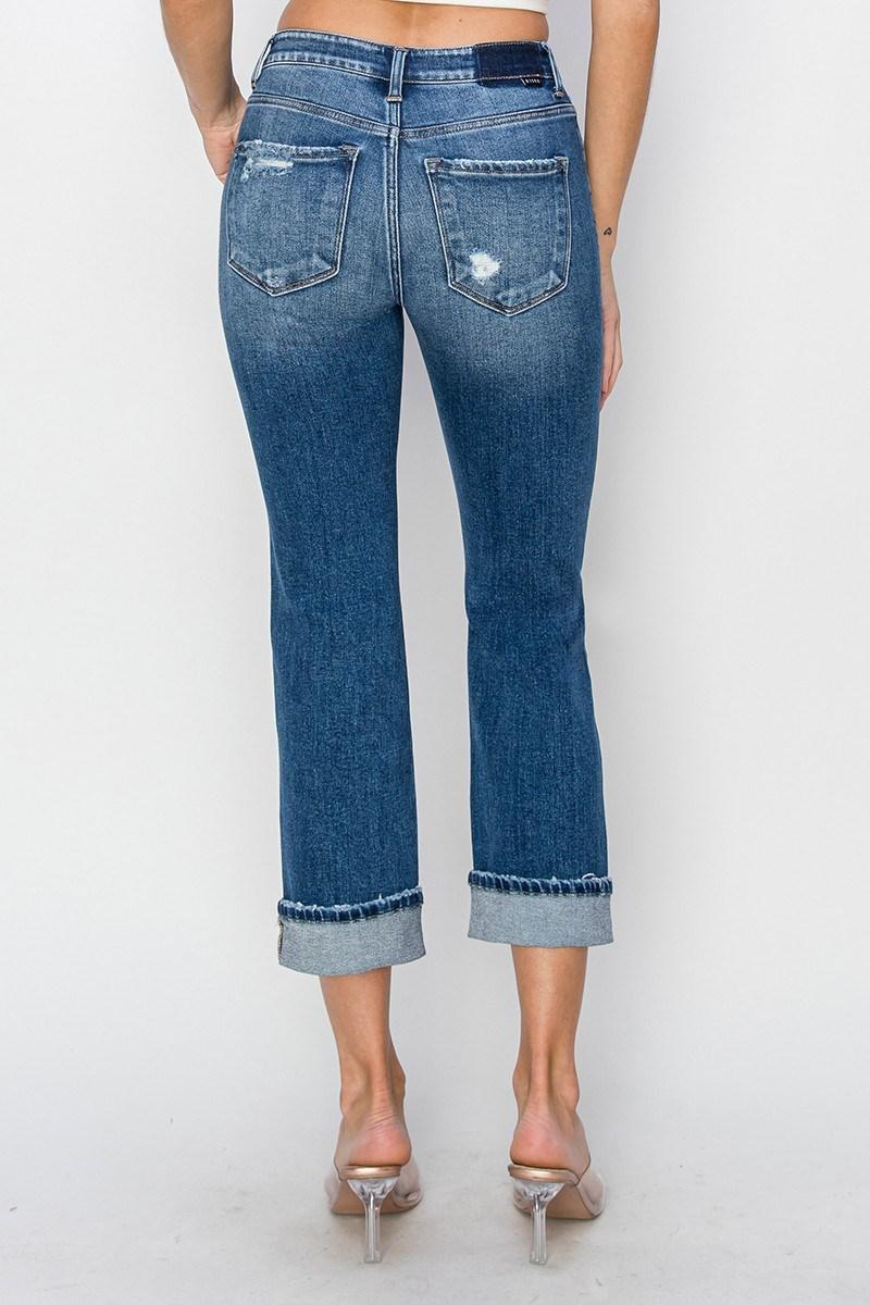 Risen RDP5782 Mid Rise Distressed with Cuffed Ankle Straight Jeans