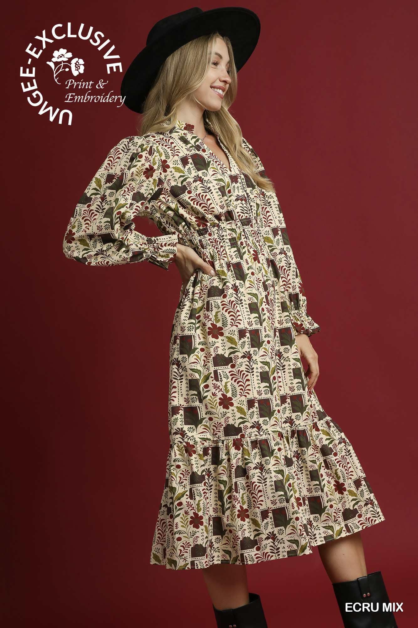 UMGEE Ecru Mix Floral Midi Dress with Smocked Waist
