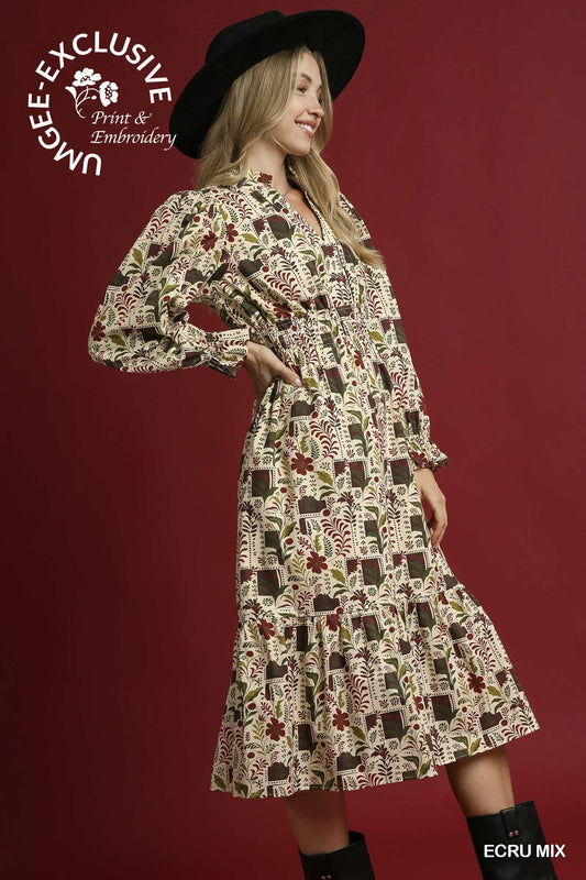 UMGEE Ecru Mix Floral Midi Dress with Smocked Waist