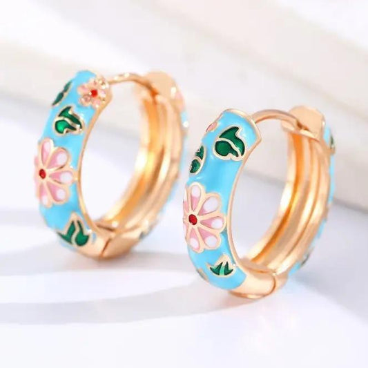 Josslyn Vintage Cloisonne Enamel Floral Hoop Earrings | 40E358
