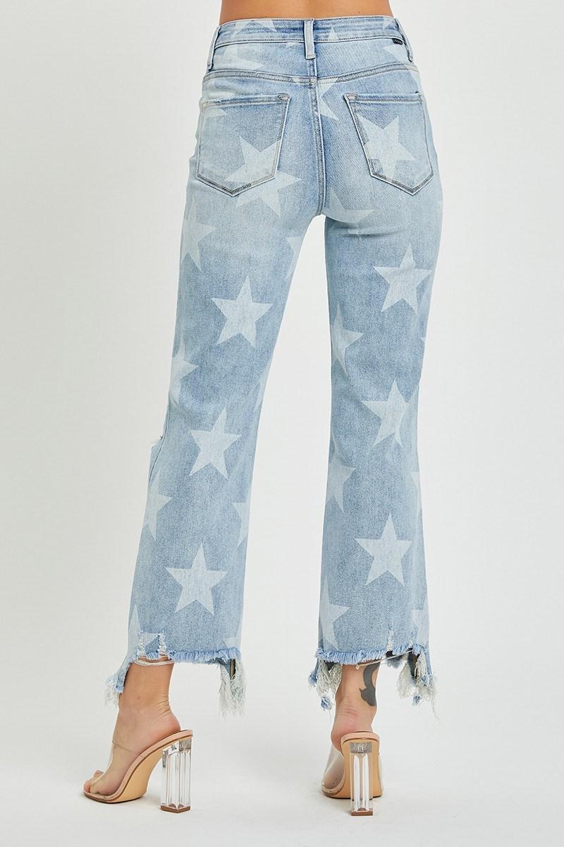 RISEN RDP5485 HIGH RISE STAR PRINTED STRAIGHT CROP JEANS
