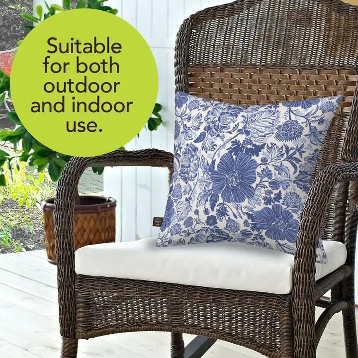 Blue and White Floral Burlap Indoor/Outdoor Pillow