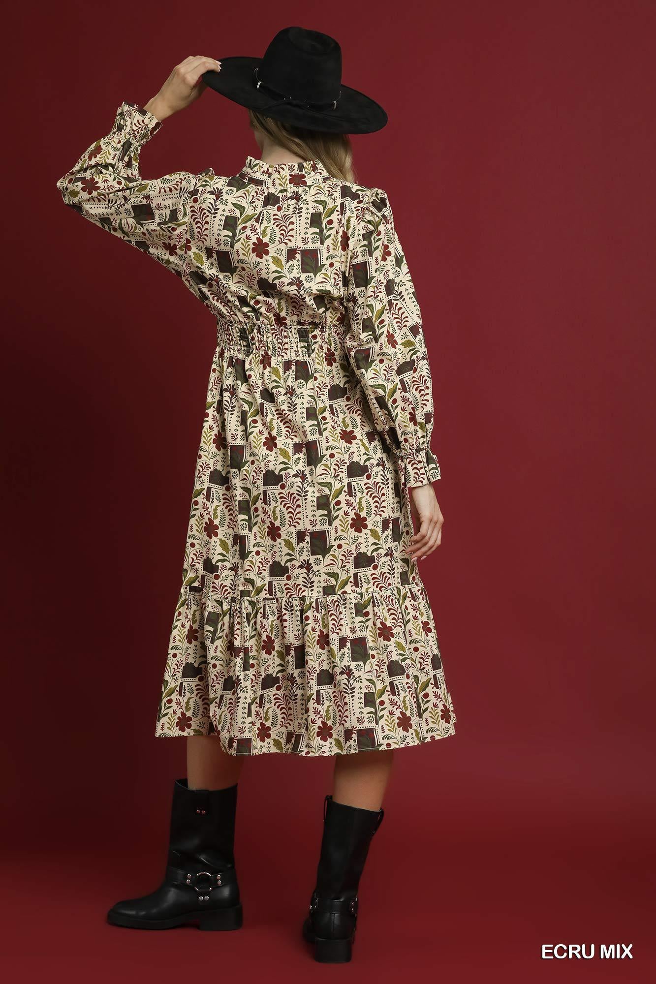UMGEE Ecru Mix Floral Midi Dress with Smocked Waist
