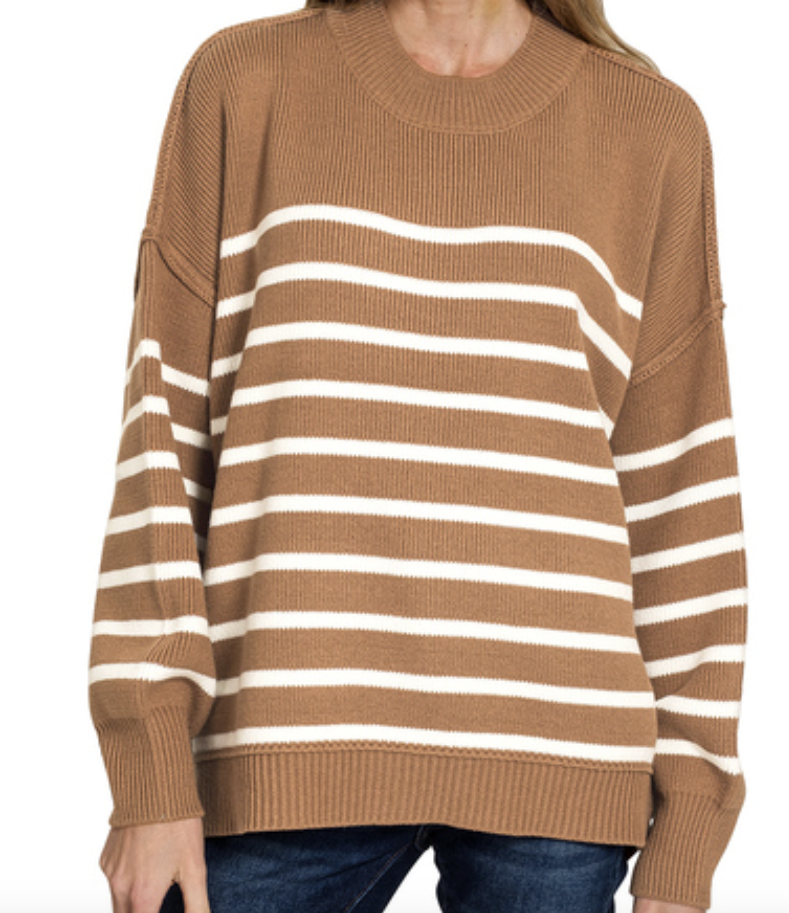 Zenana #TW-2655A5 Zenana Exposed Seam Striped Oversized Sweater