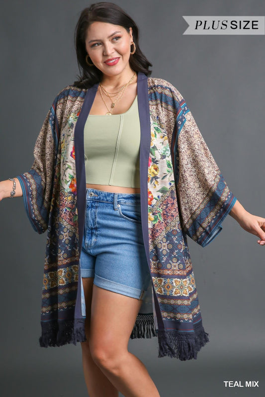 UMGEE Open Front Print Kimono with Fringe