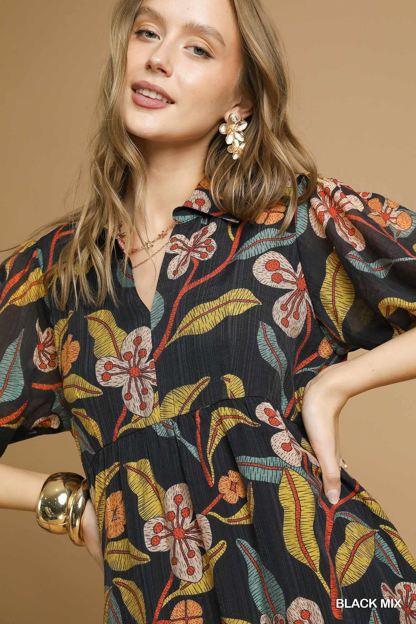 UMGEE Mixed Floral Print Tiered Midi Dress