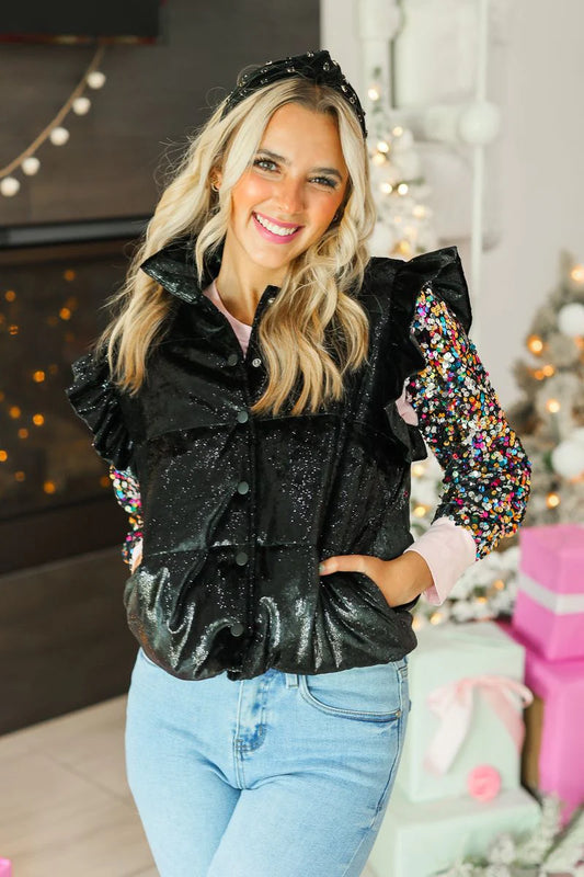 BLACK SHIMMER RUFFLE SLEEVE PUFFER VEST